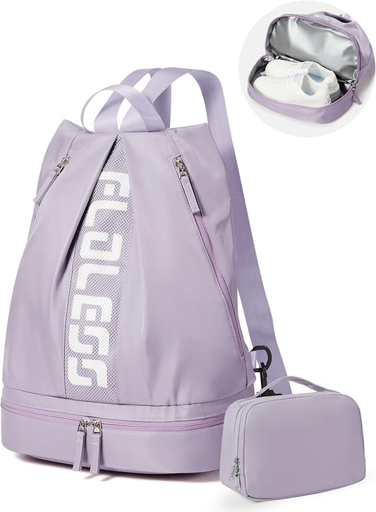 Gym Backpack for Women with Shoe Compartment, Sport Backpack Casual Daypack for Girls, Small Cheer Bag Outdoor Leisure with Toiletry Bag, Purple