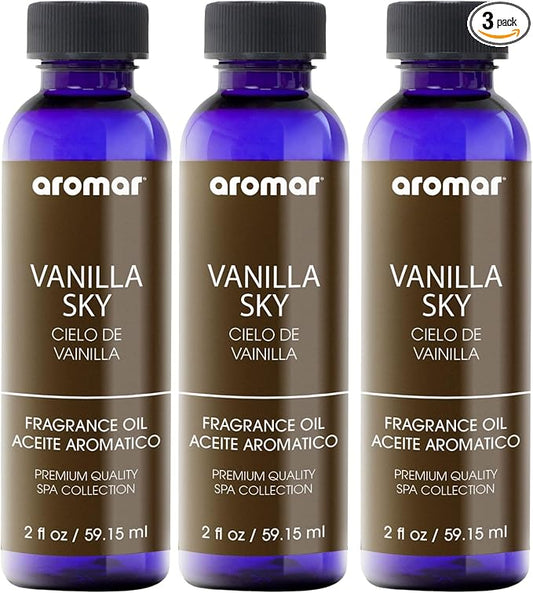 AROMAR Premium Fragrance Oil, Pack of 3 Vanilla Sky 2oz. Bottles. Long Lasting Aromatic Scent, Fresh and Revitalizing Aromatherapy for Living Room, Bedroom, and Kitchen
