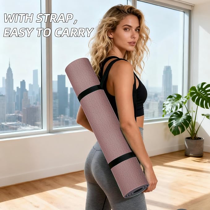 ILILI Yoga Mat 10mm Extra Thick and 193cm Extra Long, 76x28×0.4 Inch, Double Color Non-Slip TPE Material, Easy Carrying with Strap, Ideal for Yoga, Pilates, Floor Exercise, Home and Outdoor Use, Eco Friendly