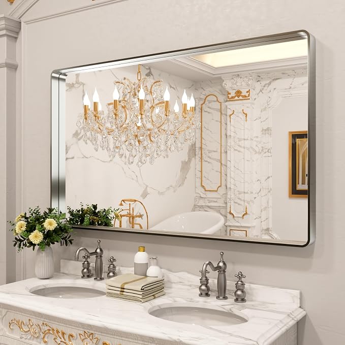 LOAAO 60X28 Inch Brushed Nickel Bathroom Mirror, Rounded Rectangle Silver Metal Frame Mirror, Brushed Nickel, Anti-Rust, Shatter Proof, Hangs Horizontally or Vertically | Rounded Rectangle, Silver Metal Frame, Anti-Rust, Tempered Glass, Hangs Horizonta...