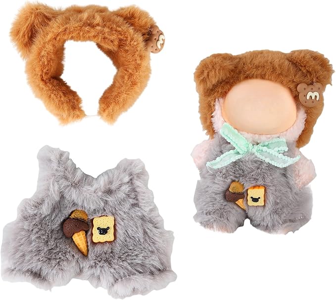 17cm Doll Clothes Set (No Doll) – Outfit with Hat & Overalls, Handmade Accessories for Mini Dolls, OB11-Compatible Dress-Up Gift (Bear)