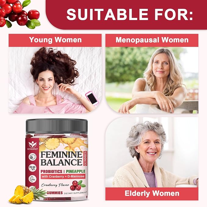 Feminine Balance Gummies for Women - Vaginal Health, pH Balance Support, Pineapple Probiotics Gummies for Women with Cranberry Extract and D-Mannose, Sugar Free, Vegan, Cranberry Flavor - 60 Ct
