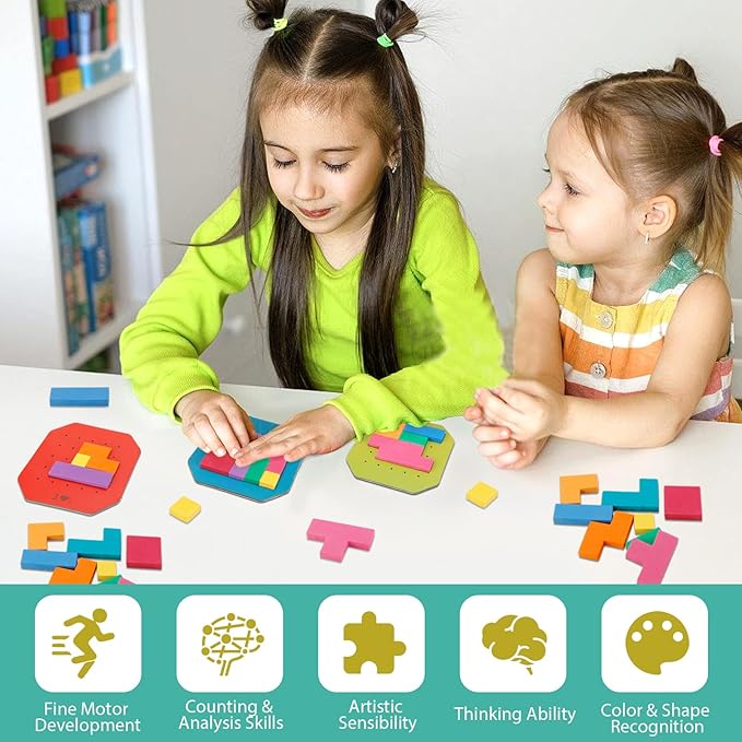 128Pcs Block Puzzle,Colorful Block Jigsaw Puzzle Game,3D Russian Bloc-k Tangram Puzzle,Brain Teaser Toys