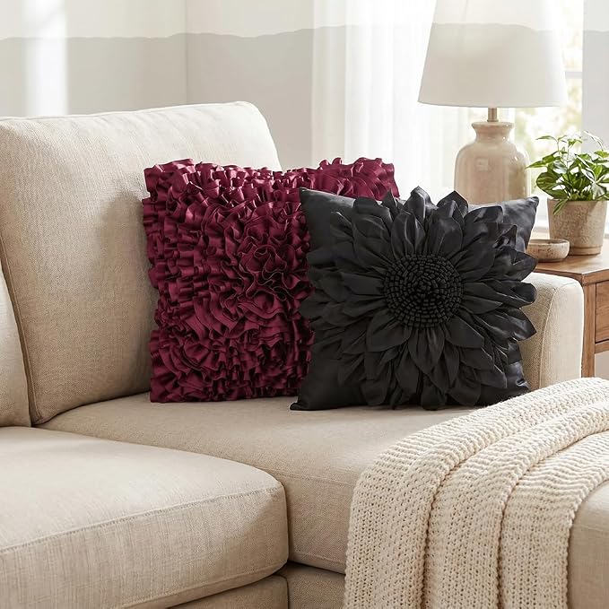 Black Accent 3D Flower Decorative Throw Pillow Covers for Bed Sofa Couch | Bella's Giftshop Handmade Sunflower Taffeta Pillow Cases Living Room Bedroom Decor, 18x18 Inch
