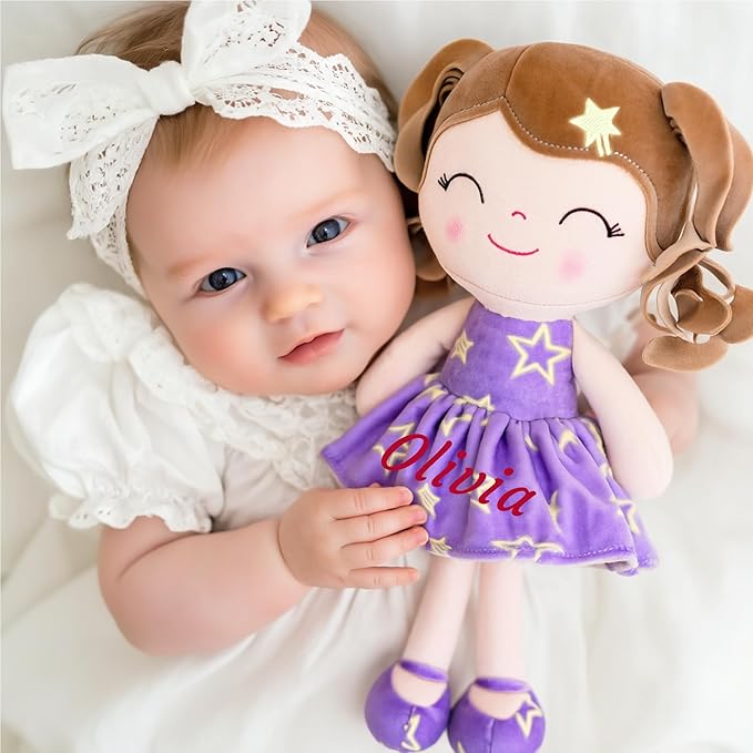 Gloveleya Personalized Baby Doll – Custom Name Rag Doll Gift for Girls | Soft Plush Keepsake Toy | Birthday, Baby Shower & Holiday Present – Purple Stars 12’’