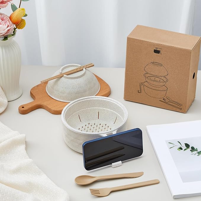 1 Set Microwave Ramen Cooker 40oz Wheat Straw Microwave Noodle Bowl Set with Chopsticks, Spoon, Fork, College Dorm Office Apartment Essentials (Beige)