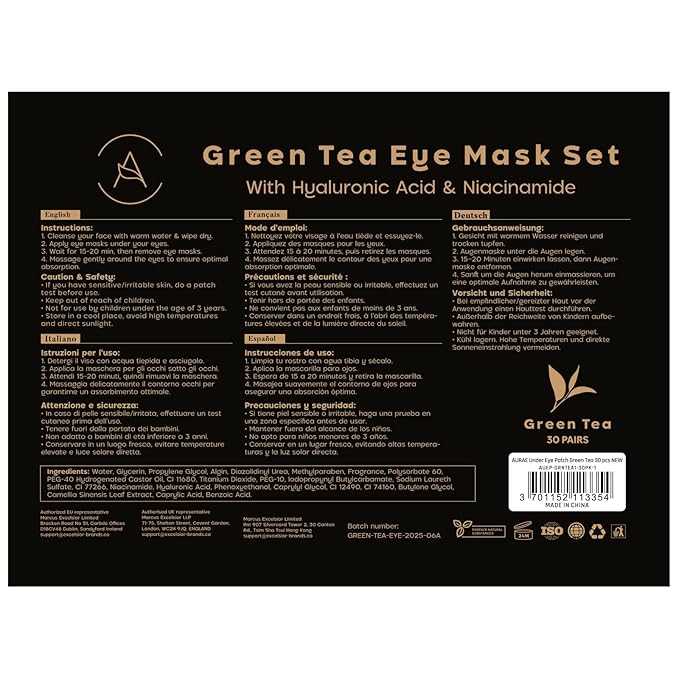 AURAE Green Tea Under Eye Patches (30 Pairs) - For Dark Circles & Puffiness - Hydrating Green Tea Eye Mask
