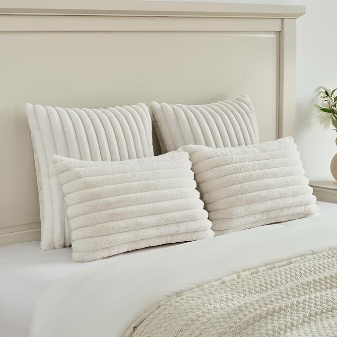 FUTEI Pack of 2 Faux Fur Throw Pillow Covers 26x26 Inch, Cream White | Fluffy Faux Rabbit Fur Front/Premium Velvet Back,Hidden Zipper,Machine Washable,Non-Shedding,Colorfast,Insert Not Included.