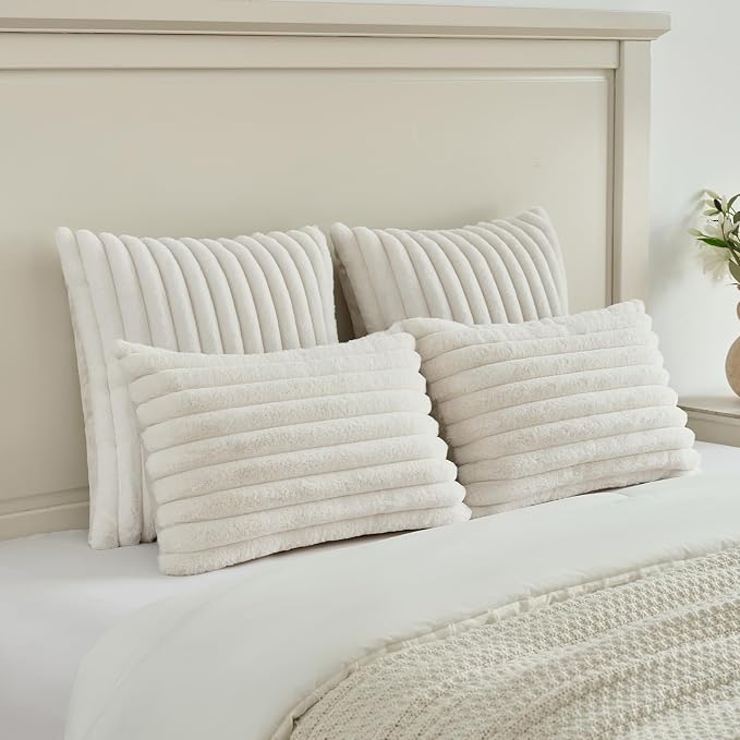 FUTEI Pack of 2 Faux Fur Throw Pillow Covers 16x16 Inch, Cream White | Fluffy Faux Rabbit Fur Front/Premium Velvet Back,Hidden Zipper,Machine Washable,Non-Shedding,Colorfast,Insert Not Included.