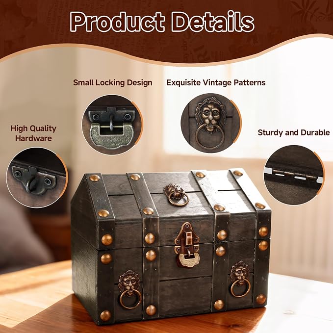 Large Vintage Wooden Treasure Chest Antique Box with Metal Lock | Wood Jewelry Box Storage Decorative Boxes Handmade Rectangle Organizer for Women Ring Necklace Earring Coins Collectibles