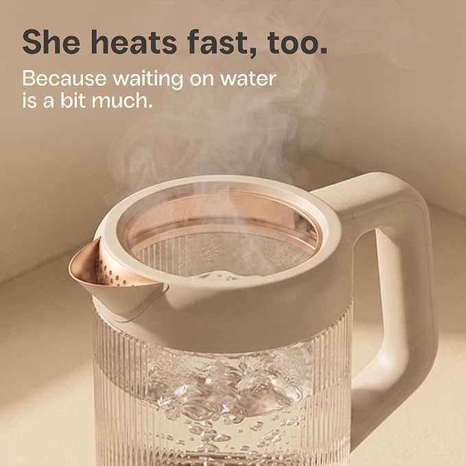Viante Nina Electric Tea Kettle with Infuser, No Plastic In Contact With Water, 1.5L Borosilicate Glass, 304 Stainless Steel, 4 Temp Presets, Keep Warm, Cordless, Auto Shut-Off, Beige