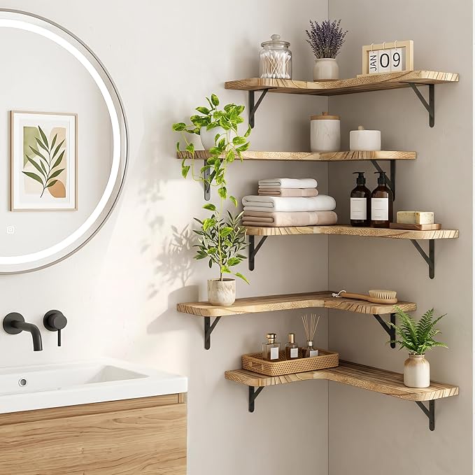 Fixwal Conner Shelves Wall Mounted for Decor, Carbonized Black 5pcs | Solid wood shelf with metal brackets, holds 40 lbs. Optimizes corner storage. Fits bathroom, kitchen, bedroom & living room.
