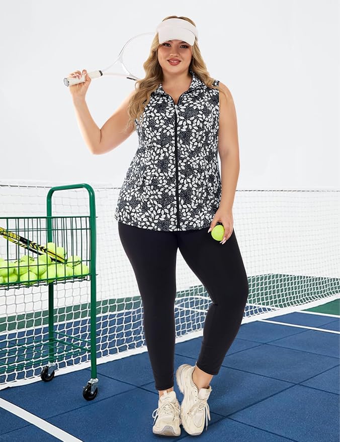 Misyula Style Plus Size Womens Golf Shirt Full-Zip with Pockets Tank Tops | Sleeveless, Quick Dry, Moisture-wicking, Lightweight Vests, Athletic, Tennis, Running, Workout, Casual, Travel, Work