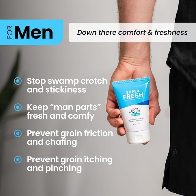 Super Fresh Body Powder Lotion Talc Free Anti Chafing Deodorizing No Mess Body Powder Cream for Men and Women Natural Ingredients Two 4 fl oz Tubes for Daily Comfort Sweat and Odor Protection