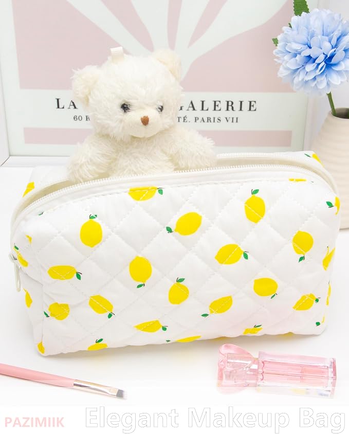 PAZIMIIK Small Quilted Makeup Bag,Zipper Cosmetic Pouch,Lemon White | Lightweight Cosmetic Bag Organizer for Women,Purse Storage Holds Makeup,Toiletries,Skincare,Beauty Essentials,Travel Items