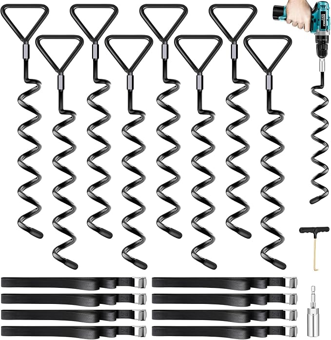 Trampoline Stakes Ground Anchors Screw in, Trampoline Anchors with Strong Straps, Spiral Earth Swing Set Anchor Heavy Duty for Trampolines(Black-8Pack)