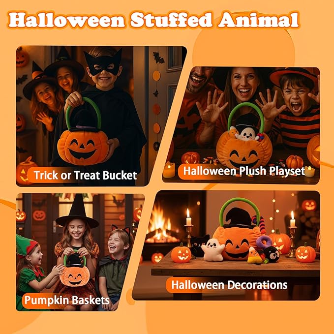 My First Halloween Baby Toys, Cute Pumpkin Stuffed Animal with Ghost Spider Black Cat Candy Corn Plush Toys for Baby Boys Girls, Halloween Plush Gifts Basket Party Favors for Kids Babies Toddlers