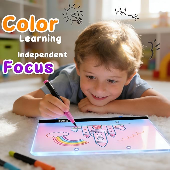 2026 2 Pack Battery Powered LED Drawing Board for Kids Ages 6+, 13.7" x 10" Light Up Dry Erase Boards with Colors, 7 Color Modes, Stand, Markers, Spray Bottle & Italian Brainrot Tracing Booklet