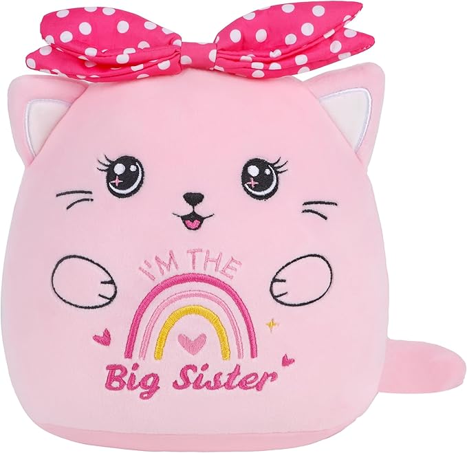 Big Sister Stuffed Animals: 9-Inch Cute I'm The Big Sister Cat Plush Toy, Pink Bow Rainbow Heart Cat Plushie Pillow, Gifts for Kids Girls Party Decor New Sibling Announcement