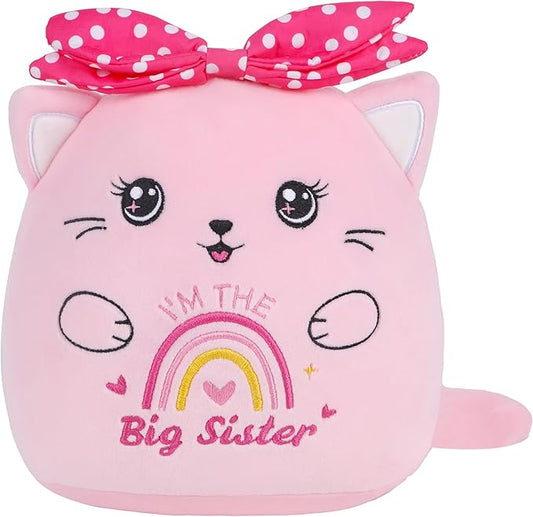 Big Sister Stuffed Animals: 9-Inch Cute I'm The Big Sister Cat Plush Toy, Pink Bow Rainbow Heart Cat Plushie Pillow, Gifts for Kids Girls Party Decor New Sibling Announcement