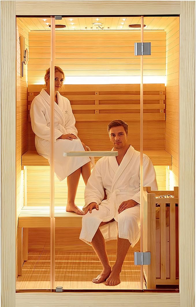 OUTEXER Steam Sauna Traditional Saunas Home Spa Room for 2-3 Person Wet Indoor Saunas 7 Color LED Lights with 240V 3KW Heater,Sauna Stone,Wooden Bucket,Spoon,Thermometer,Hourglass,Cup Holder