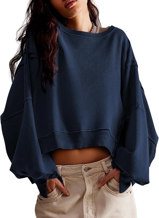 Zwurew Womens Casual Sweatshirt Cropped Shirts | Loose Fit, Tee Top, Pullover, Crop Hem, Design Trim, Daily Tops