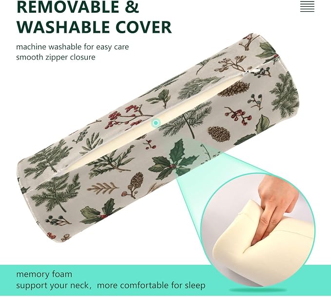 Beige Winter Holly Leaves Pine Needles Pinecones Neck Roll Pillow Bolster Round Health Memory Foam Long Cervical Cylinder Pillows with Removable Washable Cover for Body Bed Legs Back Yoga