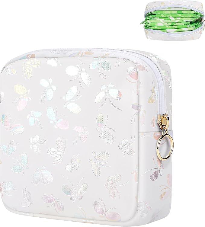 Likesing Period Bag Pouch, Leather Sanitary Napkin Storage Bag for Girls Womens, Portable Sanitary Napkin Period Pad Pouch Bag for Purse, Small Make Up Bags(White Butterflies)