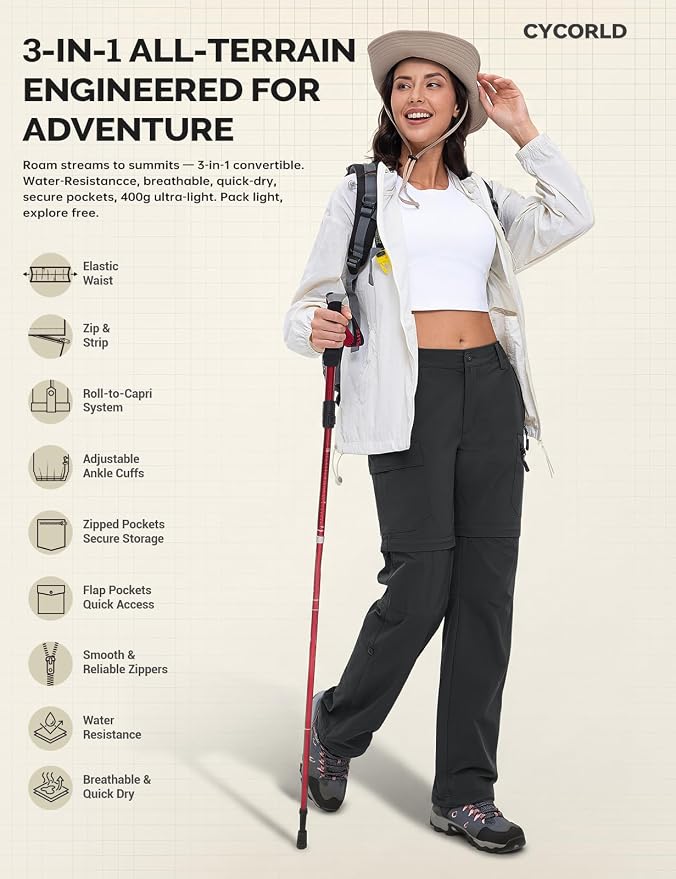 Cycorld Women's-Hiking-Pants-Convertible Quick-Dry-Stretch-Lightweight Zip-Off Outdoor Pants with 5 Deep Pockets
