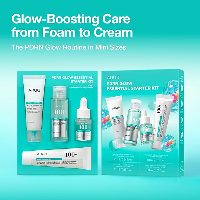 Anua Salmon DNA PDRN Glow Essential Starter Kit, Hyaluronic Acid Skincare Set, Glass Skin Routine with Firming & Hydrating Cleanser, Toner, Serum & Cream, Mini Travel Essentials, Korean Skincare Gift