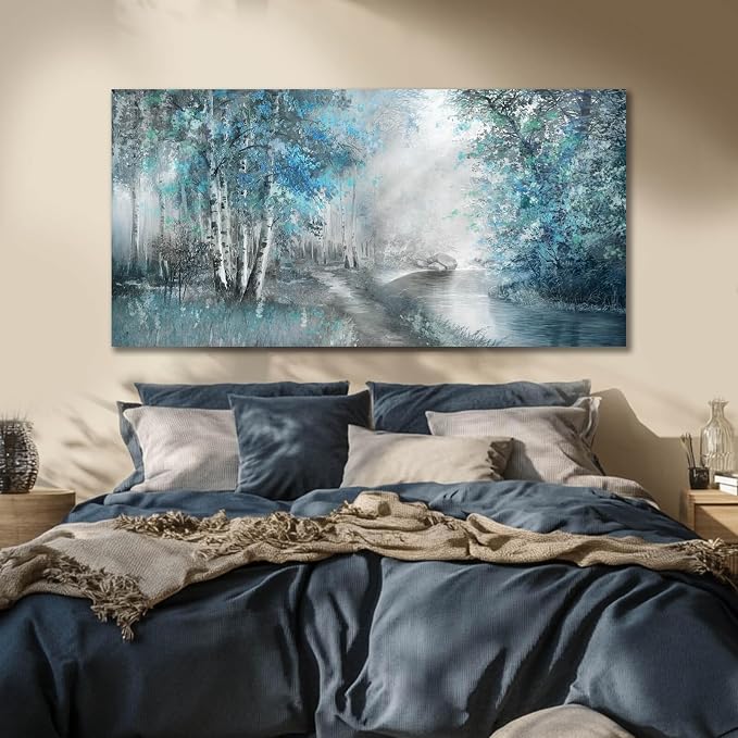 SOUGUAN Canvas Art Wall Decor Large Artwork for Wall Blue Wall Decor for Living Room Forest Pictures Botanical Prints Landscape Arts 24”x48”