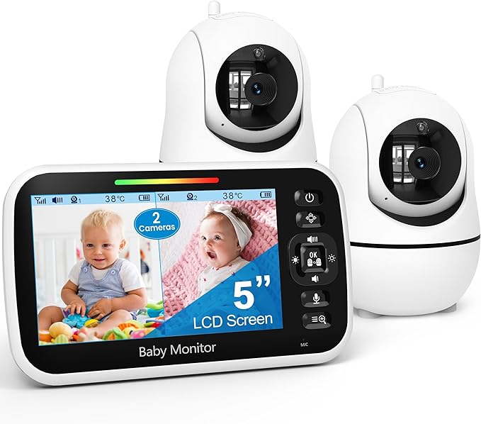 GoodBaby 5" Split Screen Baby Monitor with 2 Cameras and Audio, No WiFi Secure FHSS, 30-Hour Battery, Remote PTZ, Auto Night Vision, Room Temperature, Two-Way Audio，Lullabies，1000ft Range