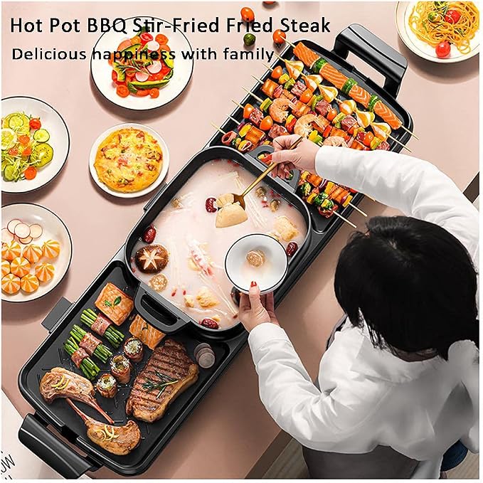 Electric Grill with Hot Pot 2 in 1 Indoor Korean BBQ Grill,2200W Multifunctional Smokeless BBQ Hot Pot Double Pot,Non-Stick Pan,for 5-10 People,for Grilling & Cooking(Double Pot)
