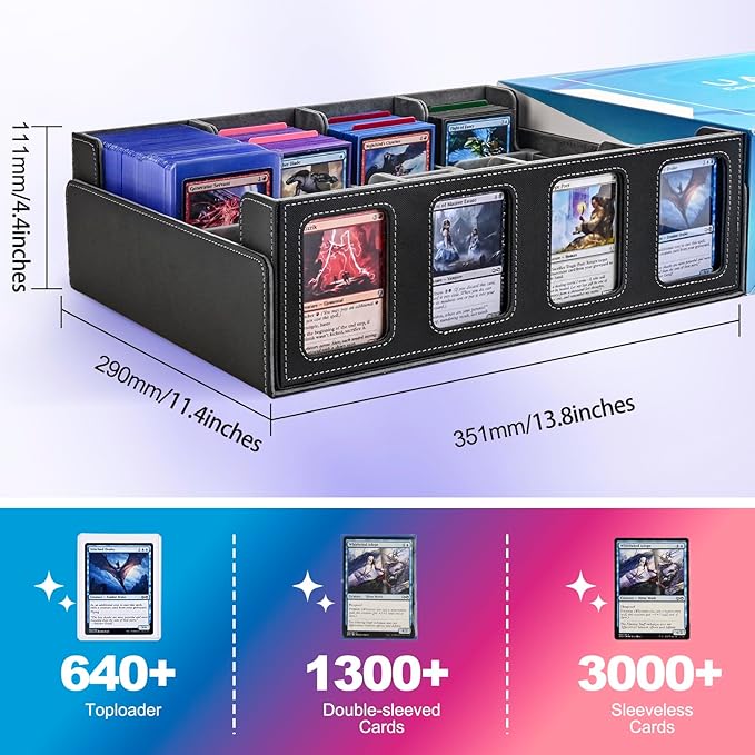 UAONO Trading Card Storage Box with Commander Display; 2400+ Deck Box for MTG with Removable Cover; Top Loaders Card Case fits Magic TCG PTCG Sports Cards; 24 Dividers, 4 Stoppers (Black, Grey)