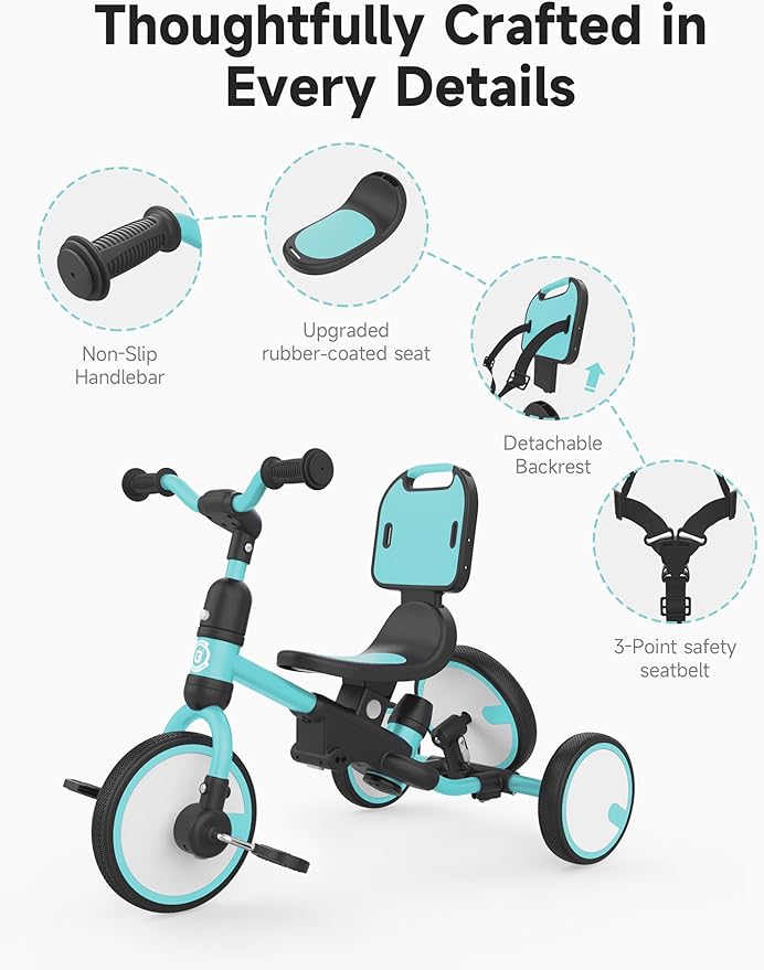 besrey Toddler Bike 1-3 Years Old,Toddler Tricycle with Spare Wheel,5 in 1 Kids Trike with Push Handle,Backrest and Safety Belt,Balance Bike 1+ Year Old,Birthday Gift and Toy for Boys and Girls
