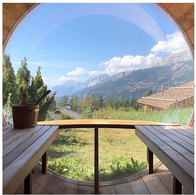 Outdoor Panoramic Barrel Sauna, 6-8 People Canadian Hemlock Steam Sauna, Garden Traditional Wooden Saunas with Canopy, 6KW TOULE Heating Furnace, Rocks, Water Bucket, Spoon, Light