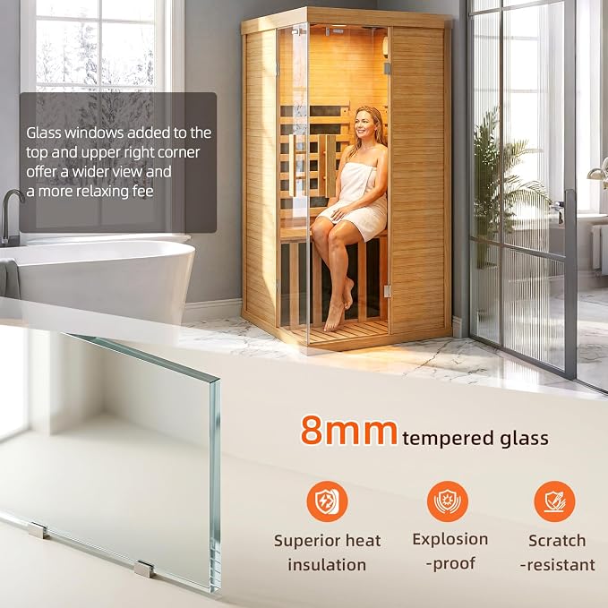 Infrared Sauna for Home, Sauna Spa Room Canadian Hemlock Wood with 10-Color Light , Bluetooth Speakers, Tempered Glass & Control Panel - 149℉ Heating, Indoor Dry & Steam Sauna – 33.5" x 33.5" x 67"