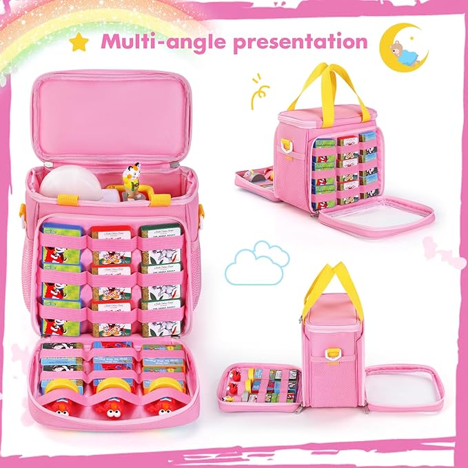 Carrying Case Compatible with Little Tikes Story Dream Machine Books Starter Set and Accessories,Portable Storage Bag for Story Books and Character with Handle and Shoulder Strap (Pink)