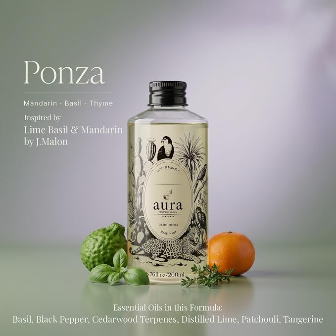 A U R A - Ponza Fragrance Oil for Waterless Scent Diffuser - Inspired by J. Malone Lime Basil Mandarin | 6.7 fl oz / 200 ml Essential Oil Blend for Aromatherapy & Hotel Collection Diffuser