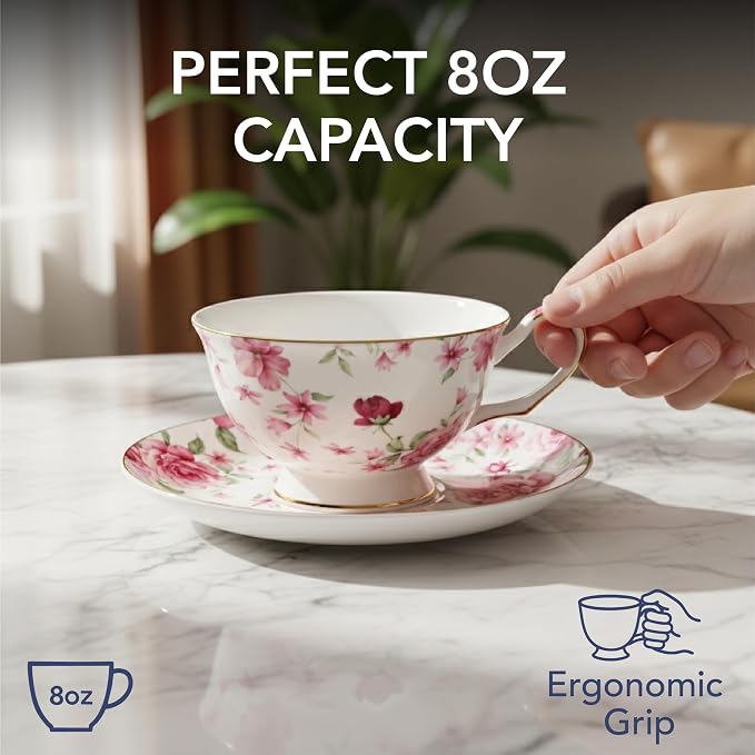 BTaT- Floral Tea Cups and Saucers, 8 oz, Set of 6 | Fine Porcelain Teacup Set with Gold Trim for Afternoon Tea Weddings Parties Gifting Dishwasher Safe Lightweight Non Toxic