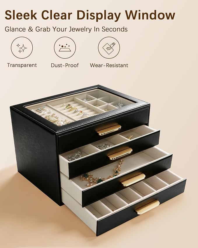 Homeanda Jewelry Boxes Organizer with Glass Lid, 4-Layer PU Leather, Black | Modern style display case with 4 drawers for daily jewelry, women, mom or girl gift