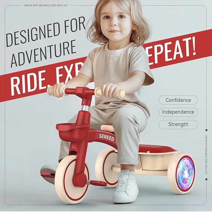SEREED Colorful Lighting Toddler Tricycle for 2-5 Years Old Boys Girls, Adjustable Seat&Handlebar Trike, Removable Basket, Birthday Gift Idea for Kids Ages 2+ (Red)