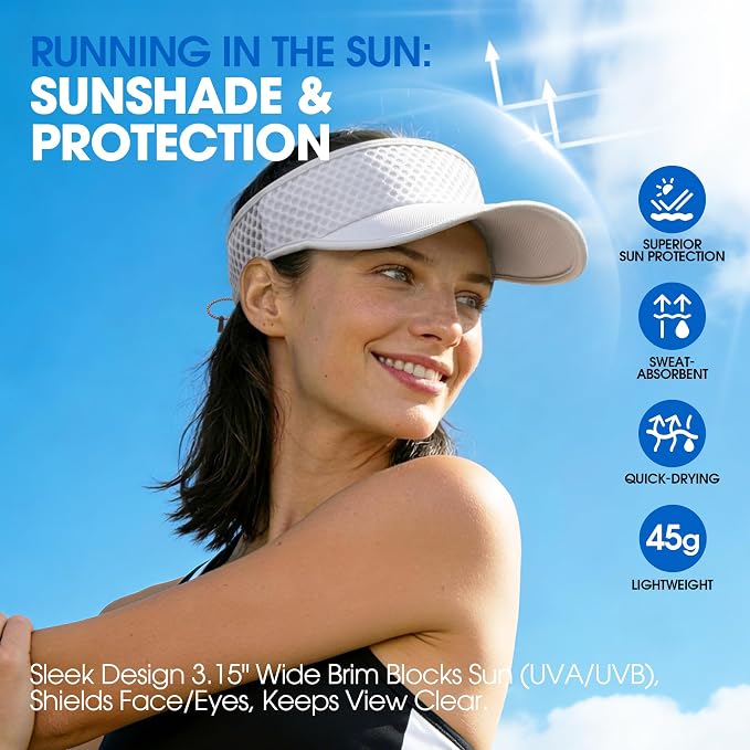 AUSFLUG Sun Visor Hat Men Women - Moisture Wicking Lightweight Sports Cap | Quick dry breathable mesh, adjustable ponytail strap, sun blocking for golf, tennis, pickleball, running, beach, hiking