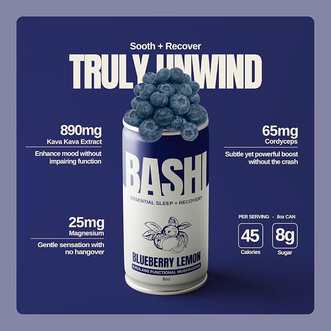 Bashi Kava Drink, Alcohol alternative, Calming Drink Mix for Natural Relaxation & Stress Relief - Plant-Based Kava Extract , Caffeine Free - Blueberry Lemon 8oz - 6 Pack