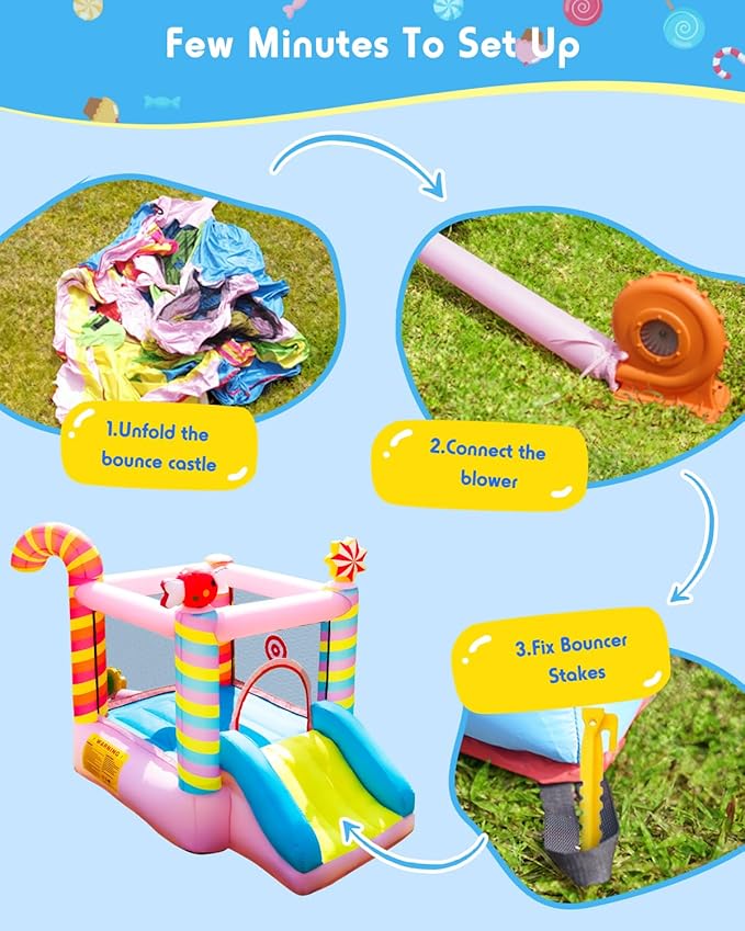 Candy Bounce House for Kids Ages 3-6, Sweet Inflatable Bouncy Castle with Slide, Indoor Outdoor Small Jumping House, Mini Toddler Bounce Castle for Birthday Gifts and Holidays(Without Blower)
