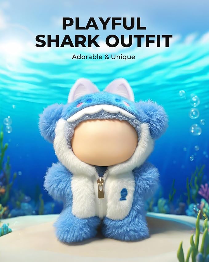 17cm Doll Clothes, Plush Shark Outfit and Clothes Accessories, Hooded One-Piece Suit with Zipper, Fluffy Blue Dress Up Clothes for Dolls (No Doll)
