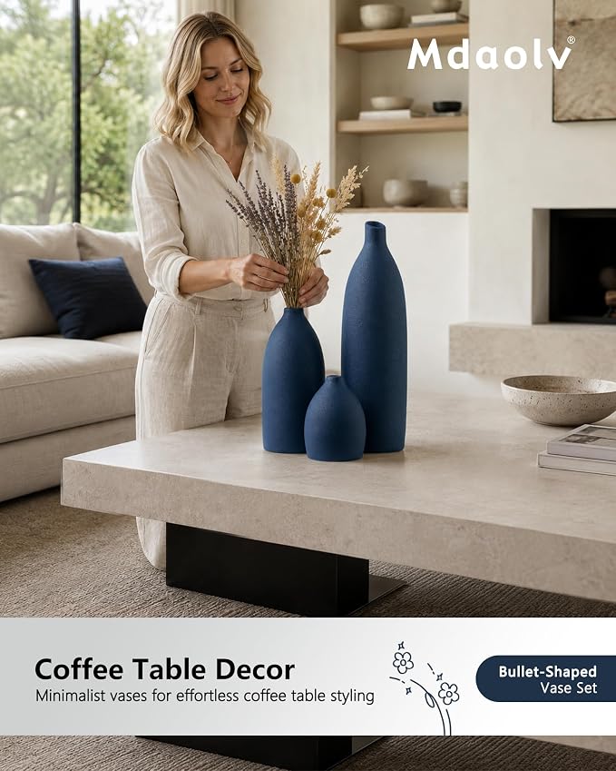 Mdaolv Matte Blue Vase Set Navy Blue Decor Coastal Decor Vases for Kitchen Island Living Room Office Table Fireplace Mantle Decorations & Bathroom Shelf Decor Centerpiece Table Decorations Ceramic