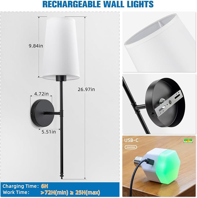 Black Battery Operated Wall Sconce Set of 2,Rechargeable Wall Lights with 10400mAh Dimmable Detachable Bulbs and Remote,9 Colors Wireless Sconces for Bedroom Living Room Hallway