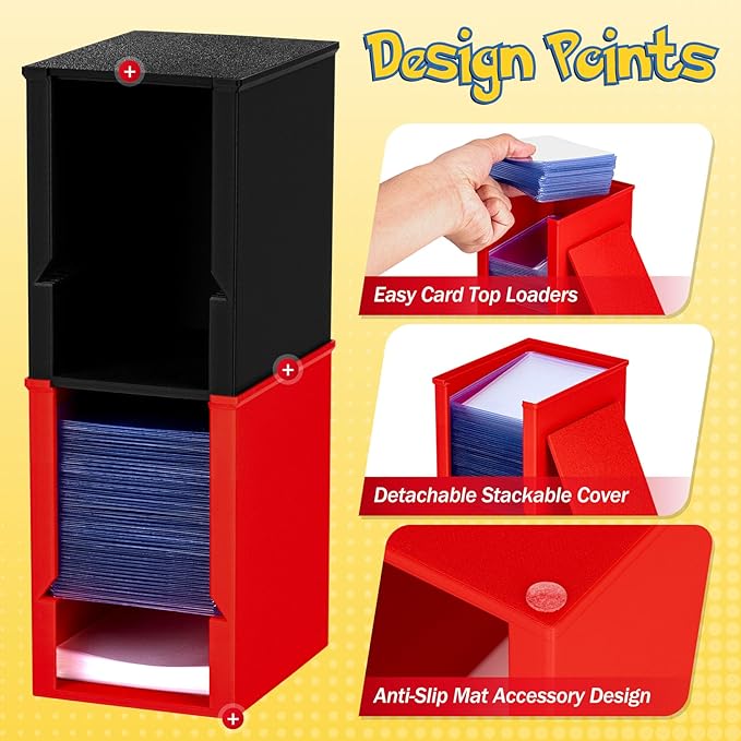 Toploader Dispenser & Penny Sleeve Holder - Dual Compartment Holds 250 Penny Sleeves & up to 50 Top Loaders, Stackable Card Storage Box with Dustproof Lid (Red)