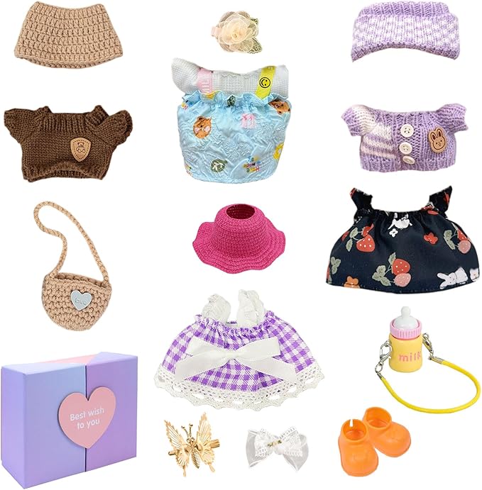 5 Outfits for 17cm Dolls (No Doll) – Stylish Mini Doll Clothes Set with Shoes, Hats, Bags & Bows – Cute Dress-Up Fashion Gift for Girls (B3, 5)